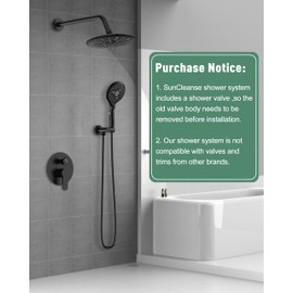 Suncleanse Black Shower Faucet Sets - 8.5" Rain Shower Head Combo with 7-Setting handheld Spray Complete Shower System - Rainfall Shower Fixtures with Rough-in Valve and Trim Kit for Luxury Bathroom