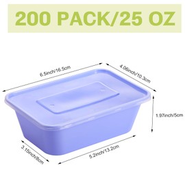 Bokon 200 Pcs 25 oz Plastic Meal Containers Bulk Disposable Colorful Stackable Bento Box with Lids Microwave Dishwasher Freezer Safe Food Storage