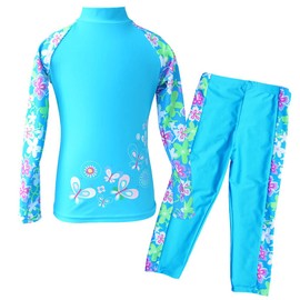 TFJH E Traje de baño de dos piezas para niñas de 3 a 12 años UPF 50+ UV, B Blue Long, 10-11 Años