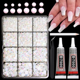 BELICEY Resin Rhinestones Kits 3-6mm Jelly Rhinestones with B7000 Jewelry Glue Bedazzling White Crystals Non-Hotfix AB Flatback Round Gems for Nails Decoration with Tweezer & Picker Pen