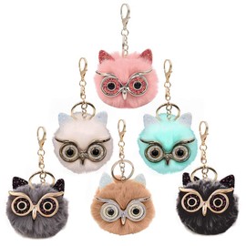 kuaetily Key Chain, Set of 6 Cute Plush Owl Ball Fur Pompom Pendant Handbag Pendant Bag Pendant with Rhinestones, 6 x owl