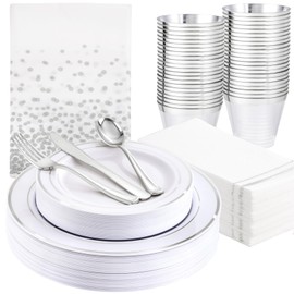Gather 176 Pieces Silver Plates - Disposable Silver Plastic Plates Includes 50 Plates, 75 Silverware, 25 Napkins, 25 Silver Rimmed Cups and 1 Tablecloth Perfect for Party & Weeding & Mother's Day