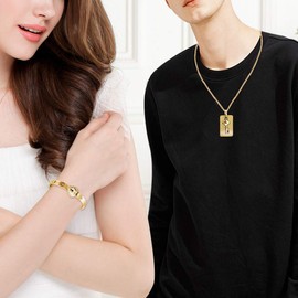 Uloveido Heart Lock Bracelet and Key Necklace, Titanium Steel Couples Jewelry, Romantic Gift for Valentines Day Birthday Wedding Anniversary (2.37 inch-Gold)