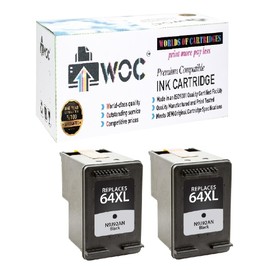 WOC Remanufactured Ink Cartridge Replacement for HP 64 / 64XL (N9J90AN / N9J92AN) (Jumbo Black: 200% Higher Yield) (2-Pack: 2X Black)