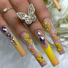 FIEONCIY Press on Nails Coffin Long Length Acrylic Glossy Full Cover Square Shaped French False Nails with Designs Artificial Extra Long Fake Nails with Charms Glue ons Fingernails for Women(SGCY318)