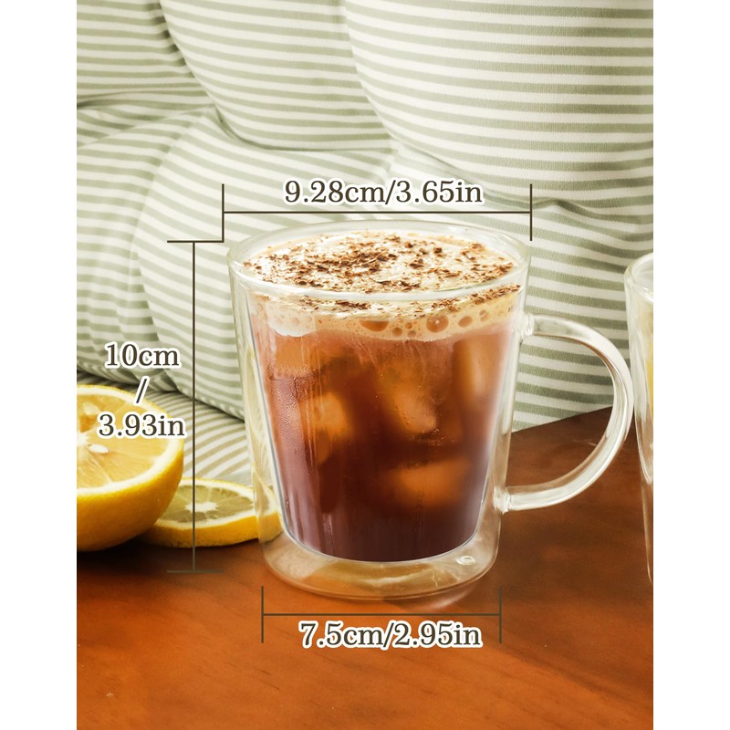 12oz Double Wall Glass Coffee Mugs, Cappuccino Latte Tea Cups