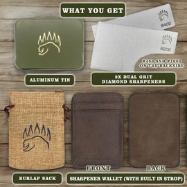 2X Dual Grit Diamond Sharpening Stone + Leather Wallet Strop | by The Bear Essentials | Pocket Credit-Card Sized Field Sharpener for Camping, Bushcraft, Outdoors, Survival, EDC (Light Brown)