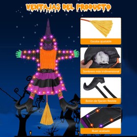 JIUS@FF Decoración De Bruja Estrellada, Decoración Colgante De árbol De Bruja, Decoración De Patio Al Aire Libre De Halloween, Adecuada para Tronco O Poste De árbol (Naranja - con luz)