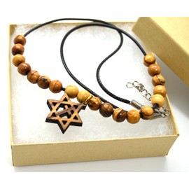 Star of David with the cross handmade olive wood necklace with olive wood beads Messianic pendant