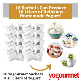 Yogourmet Yogurt Starter (16 Sachets = 16 Liters of Yogurt) - Make Yogurt at Home - Starter Culture - All Natural, Gluten Free, Kosher, Halal - 3 g Sachets