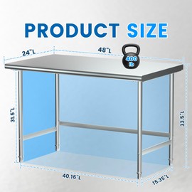 Treshin Open Base Stainless Steel Table 24" X 48", Commercial Heavy Duty Prep & Work Table for Kitchen, Restaurant, Home, Hotel, Laundry