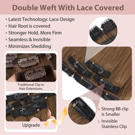 Silk-co Clip in Hair Extensions Real Human Hair Extension Double Weft With Lace Coverd Clip in Silky Straight 100% Natural Very Thin Highlight efffect for Women 6PCS 6Clip 16Inch #04 Medium Brown 40g