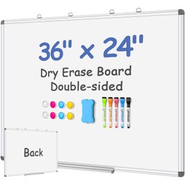 EAONE Magnetic Dry Erase Board for Wall 36” x 24”, Double Sided White Board, Silver Aluminum Frame Whiteboard Kit for Office Home School, with 1 Dry Eraser & 4 Magnetic Pins & 5 Multicolor Markers