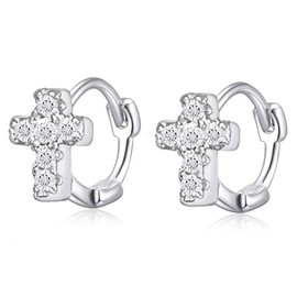 Cross Earrings Cubic Zirconia Cartilage Small Hinged Huggie Hoop Earrings for Women S925 Sterling Silver Tiny CZ Tragus Stud Helix Upper Ear Dainty Crystal Jewelry Christmas Gifts (6mm Silver)