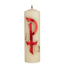Chi Rho Alpha and Omega Pillar Candle for Christening, Holy Week, and Baptisms, Hand Decorated Catholic Candles Altar Decor for Church, 8 Inches
