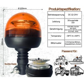 Matel Service Rotating Beacon Orange Warning Light with Flexible Base LED 12 V 24 V for Road Use 3 Functions R65