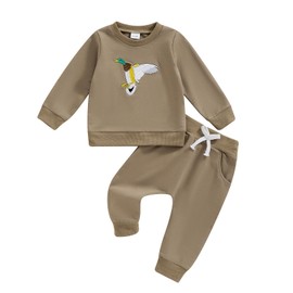 Kids Baby Boys Duck Hunter Clothes Mallard Duck Sweatshirt Pullover Solid Color Pant 2Pcs Toddler Hunting Baby Outfit (Khaki, 2-3T)