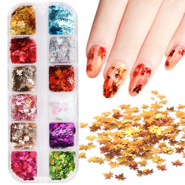 12 Colors Fall Nail Art Stickers Maple Leaf Nail Glitter Sequins 3D Nail Art Accessories Autumn Leaf Shape Flakes Holographic Gold Red Maple Leaves Paillettes Designs Acrylic Nails Supply Kit