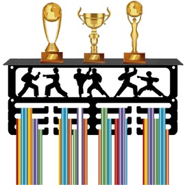 CREATCABIN Karate Medal Trophy Display Shelf Medal Hanger Display Shelf with 12 Hooks Stand Sports Wall Mount Hold 70+ Medals Holder Hanger Metal Medal Organizer Rack for Running Awards 11.4x5x4Inch