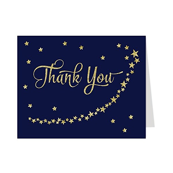 Thank You Cards, Baby Shower Thank You Cards, Twinkle Star, Navy, Gold, Stars, Star Baby Shower, Gender Neutral, Set of 50 Folding Notes with Envelopes