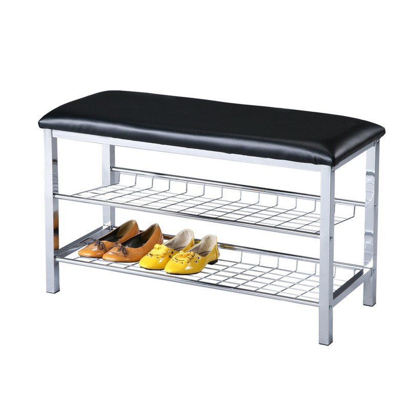 espidoo Metal Shoe Bench Organizer: 2-Tier Black Faux Leather Seat