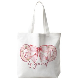 JINYO Coquette Preppy Pink Bow Canvas Tote Bag, God is Good Floral Christian Tote Bags for Women, Faith Based Gifts, Aesthetic Girly Reusable Grocery Bags Shopping Bag