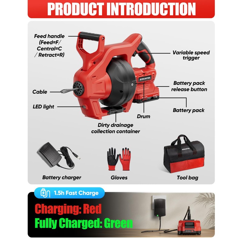 EZUVITA 20V Cordless Electric Drain Snake, 25Ft Replaceable Cable with