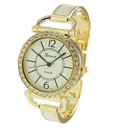 Geneva Platinum 12214012 Women's Czech Rhinestone Round Face Watch-WHITE/GOLD