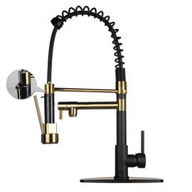 NGNP Kitchen faucet with pull-down spray, single handle double outlet commercial kitchen sink faucet, solid copper body, compatible with deck 1 or 3 holes sprayer black steel high arc Out - Colour: Black with titanium