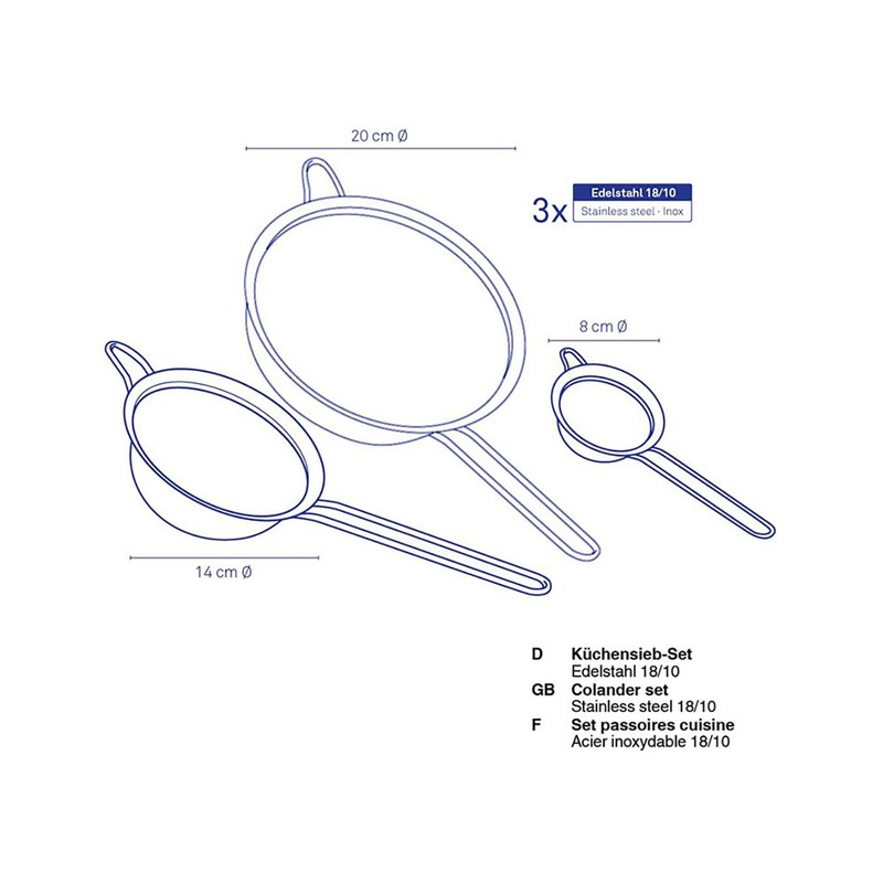 Kela 11074 Küchensieb-Set, 3-teilig, 8/14/20 cm Durchmesser, Edelstahl, Profi