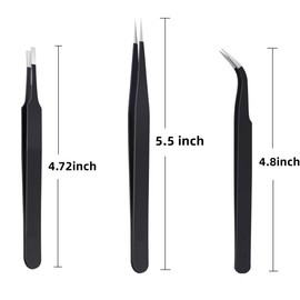 3Pcs Lash Tweezers, Stainless Steel Eyelash Extension Tweezers Straight and Curved Tip Eyelash Tweezers (Black)