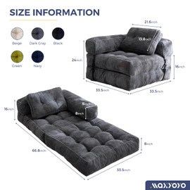MAXYOYO Folding Sofa Bed, L-Shaped Convertible Sofa Bed with Armrest Foldable Sleeper Sofa with Pillow, Portable Fold Out Chair Bed Comfy Floor Sofa Lounge for Living Room Bedroom, Dark Grey