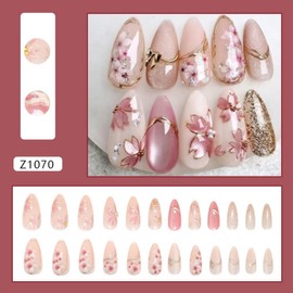 Medium Almond Press on Nails Pink False Nails with 3D Pearl Flower Design Glossy Gold Lines Fake Nails Glitter Stick on Nails Full Cover Light Pink Glue on Nail for Women Girls Manicure 24Pcs