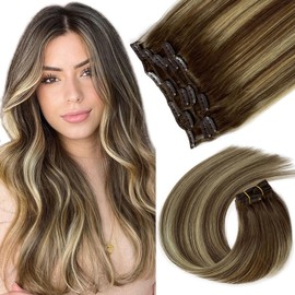 Hair Extensions Real Human Hair Clip in Hair Extensions Balayage Walnut Brown to Ash Brown and Bleach Blonde 12 Inch Double Weft Hair Extensions Clip in Human Hair 7PCS 70grams with 16 Clips
