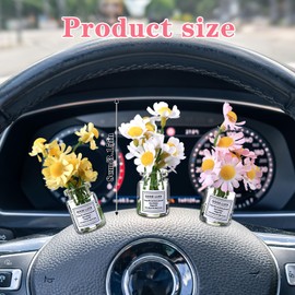 3Pcs Mini Daisy Flowers in Glass Vase Cute Girly Car Accessories Interior for Rear View Mirror Boho Car Dashboard Decorations for Women Gifts