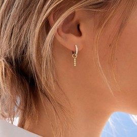 DAILY VIBES Gold Bead Bar Dangle Earrings for Women Hypoallergenic Dainty 14K Gold Plated Mini Cubic Zirconia Cute Drop Cartilage Small Huggie Hoop Earrings for Women