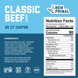 The New Primal Grass Fed Beef Sticks, Keto, Gluten Free Healthy Snacks for Adults, Sugar Free Low Carb High Protein Snack, Paleo Whole30 Jerky Meat Stick, 8g Protein, 90 Calories, 80 Pack
