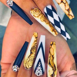 24Pcs Extra Long Press on Nails Coffin False Nails with Designs Vintage Rose Flower Geometric Patterns Acrylic Fake Nails Artificial Matte stick on Nails Full Cover Glue on Nails for Women