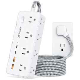 DEPOW DEPOW Power Strip Surge Protector, 5FT Braided Extension Cord with Multiple Outlets-8 AC Outlets 4 USB Ports (2 USB C), Flag Plug Charging Station, 1700 Joule Surge Protection for Home Office, White