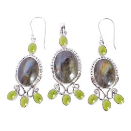 Ravishing Impressions Labradorit & Peridot-Schmuck-Set für Damen, Halskette, Ohrringe, Brautschmuck, Hochzeitsschmuck, Valentinstag, 20x15mm, 5x3mm, Edelstein Sterling-Silber, Labradorit und Peridot