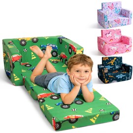 Toddler Couch, 2-in-1 Foldable Kids Comfy Chair & Lounger, Monster Truck