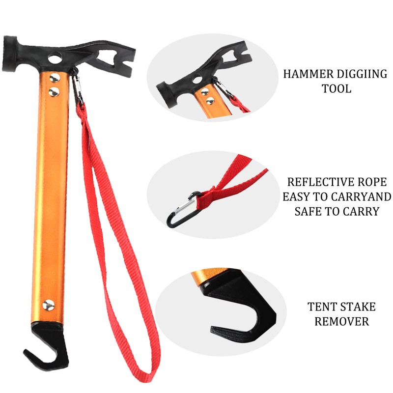 Carbon Steel Aluminum Camping Hammer, 12" Small Lightweight Three-in-One Functional