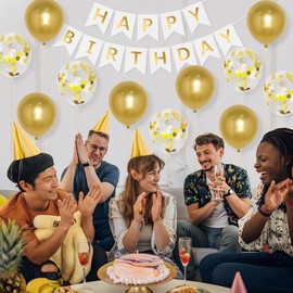 Happy Birthday Banners White Gold Birthday Banner Bunting + 12pcs 12” Latex Balloons Women’s Birthday Decorations Supplies for Girls