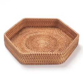 DECRAFTS Hexagon Rattan Serving Tray for Coffee Table Woven Decorative Basket Trays for Ottoman Natural (9.8inch x 2inch)
