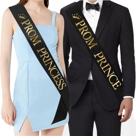 "Prom Prince" and "Prom Princess" Sashes - Graduation Party School Party Accessories, Black with Gold Print