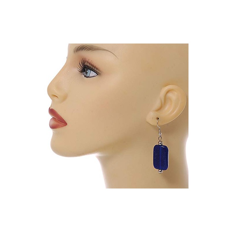Navy Blue Square Glass Drop Earrings - 6cm Long