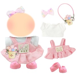5 Pcs Doll Clothes and Accessories for 17cm Plush Toy Dolls, Pink Outfit Include Suspender skirt Top bowhairpin Pendant Shoes Birthday Holiday Present for Girls Kids (No Doll)