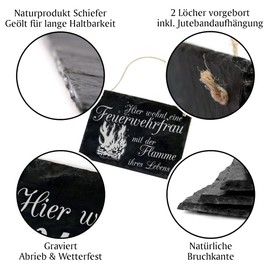 DEKO-LANDO Door Sign Fire Brigade Front Door Sign Made of Slate – Hier wohnt eine Feuerwehrfrau mit der Flamme ihres Lebens, Sign Door Signs Youth Fire Brigade Engraved Front Door Decoration, 22 x 16