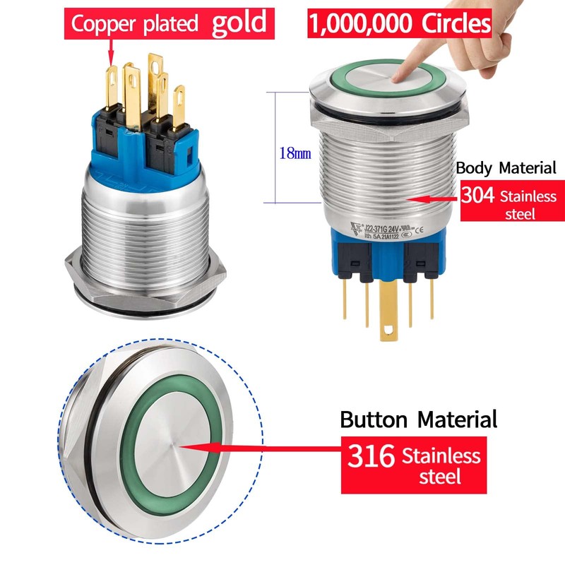 ZJWZJH 22mm Latching Push Button Switch 22mm 24V Power 1NO