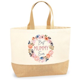 Lovely Mothers Day Shopper Bag - Best Mummy Ever Flower Wreath - Jute Canvas X-Large Tote Bag - Mothers Day Mum Mom Mummy XL natural